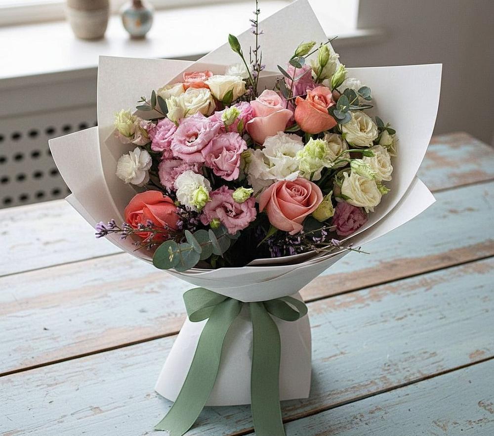 Букет цветов из: Розы, Лизиантусы и Гвоздики в Ключах Омской области