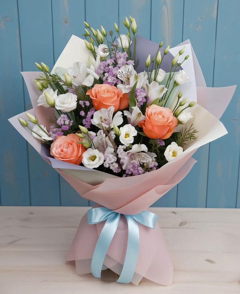 Букет цветов из: Лизиантусы, Розы, Альстромерии и Гипсофила в Ключах Омской области