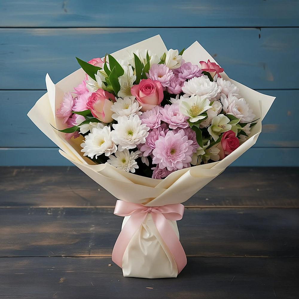 Букет цветов из: Хризантемы, Альстромерии и Розы в Ключах Омской области